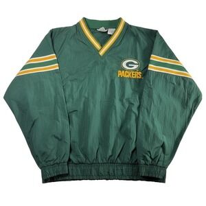 Vintage Green Bay Packers NFL Windbreaker Pullover Green V-Neck Youth L 14-16